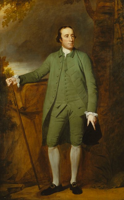 Portret van George Morewood, staand in volledige lengte, in een groene jas, vest en broek, een hoed in zijn linkerhand houdend, een stok in zijn rechterhand door George Romney