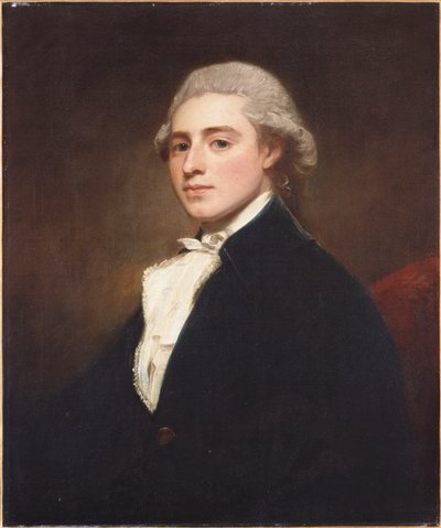 Portret van James Dashwood, halflang, met een blauw jasje en witte jabot door George Romney