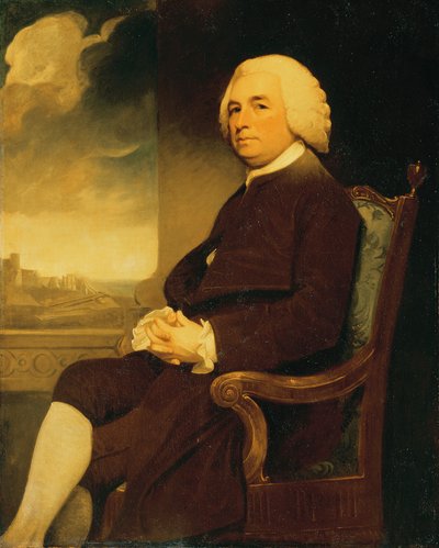 Portret van Michael Russell, zittend, met Dover Castle op de achtergrond door George Romney