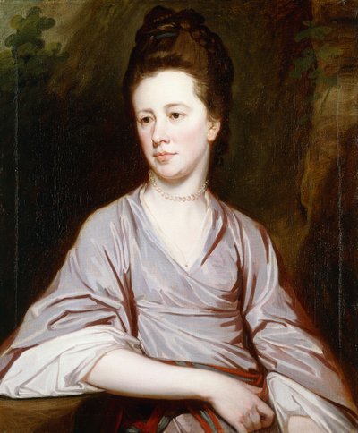 Portret van Miss Joan Knatchbull, zittend half lengte in een mauve jurk en een parelketting door George Romney