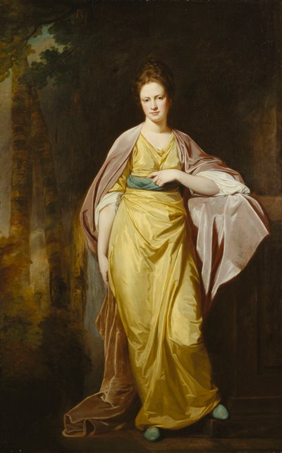 Portret van mevrouw Ellen Morewood, volledig lengte, in een gele jurk, blauwe sjerp en mauve omslagdoek, leunend met haar linkerarm op een voetstuk door George Romney