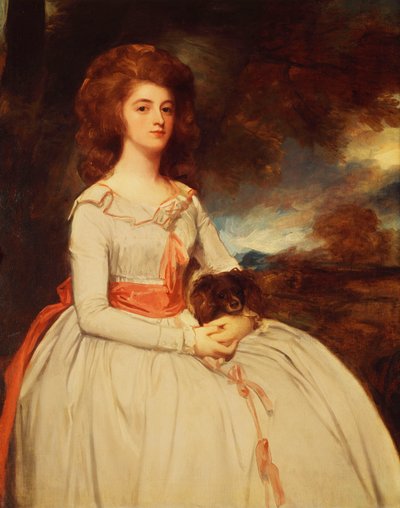 Portret van mevrouw Moody, tweede vrouw van Samuel Moody, zittend in een witte jurk met roze strikken en een roze sjerp, met een hond op haar schoot, in een landschap door George Romney