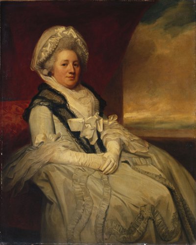 Portret van mevrouw Uppleby, zittend driekwart lengte, met een witte jurk en hoed met een zwarte sjaal door George Romney