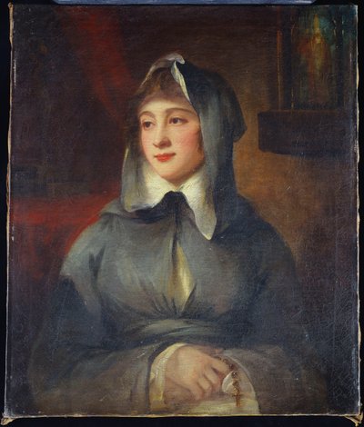 Portret van een dame, halve lengte, als non, met een rozenkrans, bij een schrijn in een interieur door George Romney