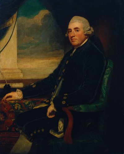 Portret van de Eerste Graaf van Farnham, zittend, driekwart lengte, bij een open raam door George Romney