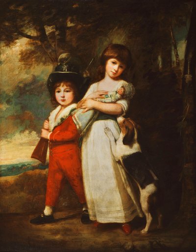 Portret van de Vernon-kinderen, het kleine meisje in een witte jurk met een blauwe sjerp, een pop vasthoudend, de kleine jongen in een rood jasje en broek, een wit shirt en een donker groene hoed, een geweer vasthoudend, met een hond naast hen, in een bos door George Romney
