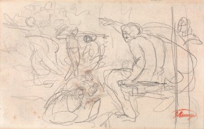 Mogelijk zittende figuur die een vonnis uitspreekt over een geknielde figuur door George Romney