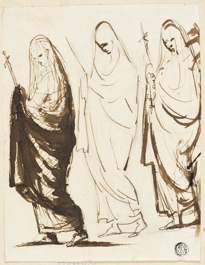 Processie van Drie Gedrapeerde Vrouwen met Kruisen of Scepters door George Romney