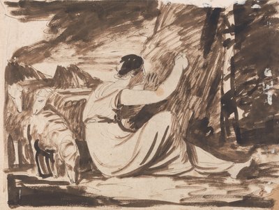 Herderin die een inscriptie in een boom kerft door George Romney