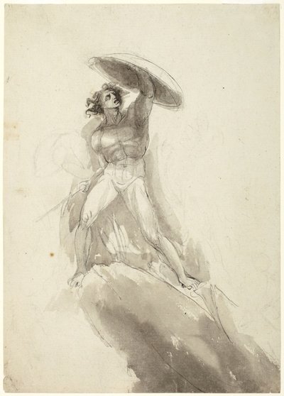 Stappend mannelijk naakt met schild: studie voor De val van de opstandige engelen door George Romney