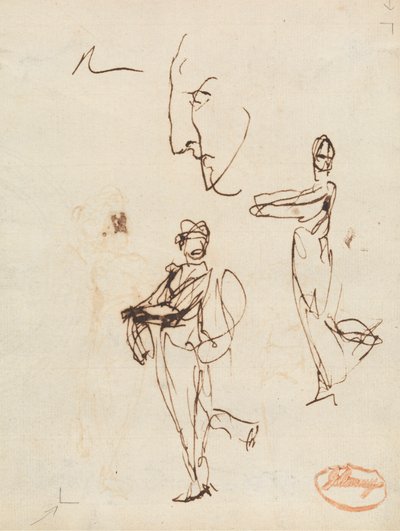 Studie van twee figuren en een gezicht door George Romney