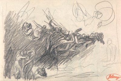 De drie genaden en kwade geesten die Christus bespotten voor "De verzoeking van Christus". door George Romney