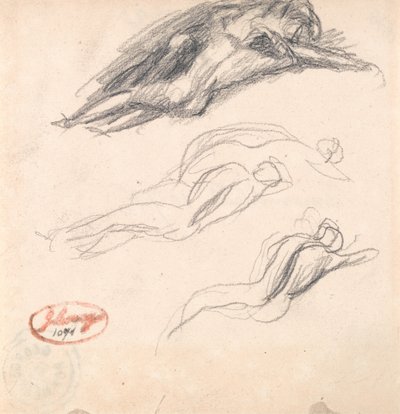 Drie schetsen van een slapende figuur, waarschijnlijk Adam en Eva voor "Satan Discovered at the Ear of Eve". door George Romney