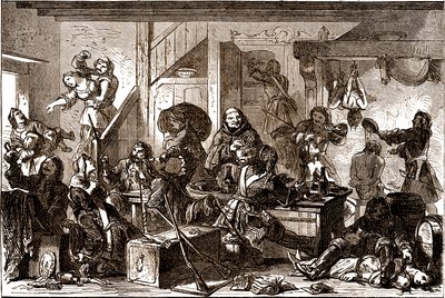 Dragonnades: vervolgingen gericht tegen de protestantse gemeenschappen van het Koninkrijk Frankrijk tijdens de jaren 1680. 19e eeuw (gravure) door George Roux