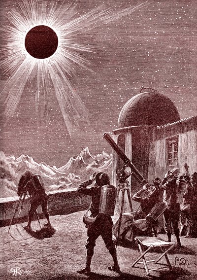 Ontdekkingsreizigers in de Afrikaanse woestijn kijken naar de zonsverduistering. 1888 (gravure) door George Roux
