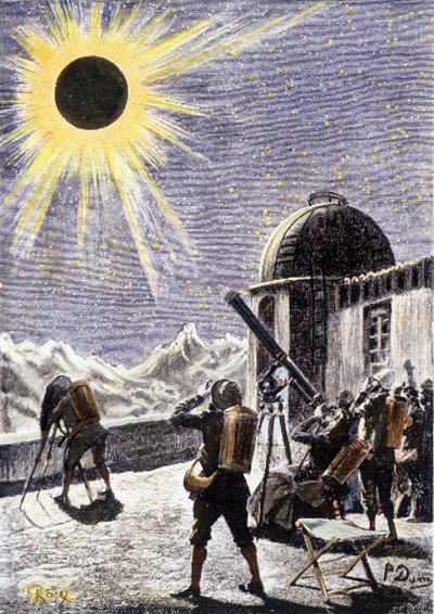 Mensen kijken naar de zonsverduistering - in "De Ballingen van de Aarde" door André Laurie, illustratie door Georges Roux. Editions Hetzel door George Roux