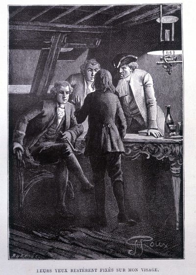 Verhaal scène op het scheepsplein: jonge Jim Hawkins voor Dr. Livesey en de Chevalier Trelawnay - in Stevenson