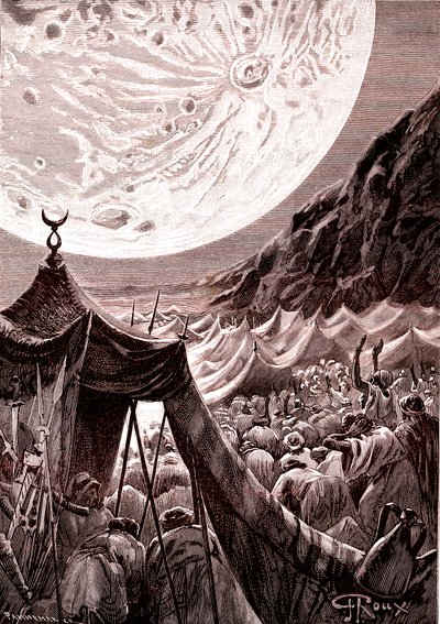 De maan in de woestijn van Nubië, SUDAN. Moslims bidden. 1888 (gravure) door George Roux