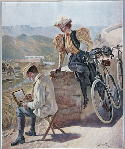 Aquarel en fietsen - lithografie door Georges Roux, circa 1900 door George Roux