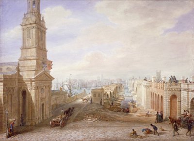 Oude en nieuwe Londense bruggen kijkend naar het zuiden, Londen, 1831 door George Scharf