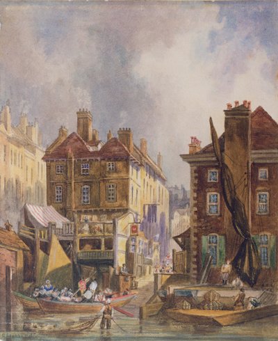 Oude Hungerford Market vanaf de rivier, Londen, ca. 1810 door George Shepherd
