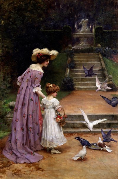 Duiven voeren. Een moeder en dochter voeren vogels in een park. Bovenaan de trap is een fontein afgebeeld. Schilderij van George Sheridan Knowles (1863-1931 Brits) Privécollectie door George Sheridan Knowles