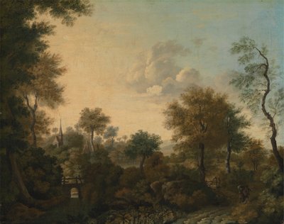 Een uitzicht vermoedelijk nabij Arundel, Sussex, met figuren in een laan door George Smith