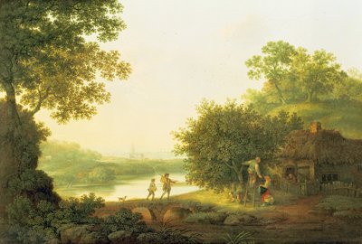 Appelplukkers, bij een huisje in een bosrijk landschap met Chichester op de achtergrond door George Smith