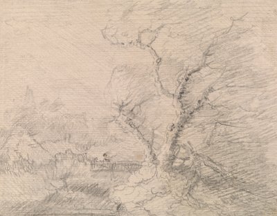 Landschap met voetbrug en grote boom door George Smith