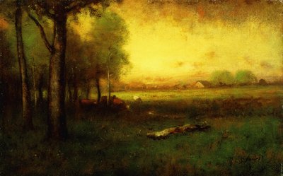 Koeien Grazend bij Zonsondergang door George Snr. Inness