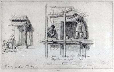 Het oprichten van portieken in Newham Street en Middlesex Hospital, Londen door George Snr Scharf