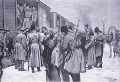 Vertrek van Russische troepen naar het Verre Oosten, illustratie uit Cassells History of the Russo-Japanese War Vol 1, ca. 1900 door George Soper