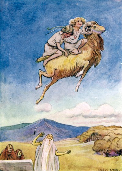 Jason en de Argonauten: "De Gouden Ram nam hen op zijn rug en verdween" (kleur litho) door George Soper