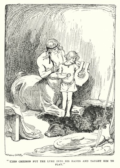 Jason en de Argonauten: "Toen gaf Cheiron hem de lier en leerde hem spelen" (litho) door George Soper
