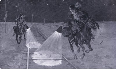 Op een Mantsjoerijse spoorweg: Nachtpatrouille, illustratie uit Cassells History of the Russo-Japanese War Vol 1, ca. 1900 door George Soper