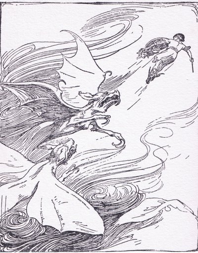 Perseus bloed liep koud voor al zijn moed toen hij hen zag komen huilen op zijn spoor, uit The Heroes gepubliceerd door George Allen en Unwin 1929 door George Soper