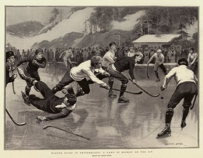 Wintersport in Zwitserland, een hockeyspel op het ijs door George Soper