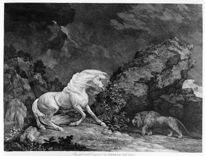 Een paard geschrokken door een leeuw, gegraveerd door de kunstenaar door George Stubbs