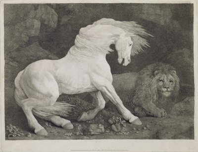 Een paard geschrokken door een leeuw, gegraveerd door de kunstenaar, gepubliceerd 1788 door George Stubbs