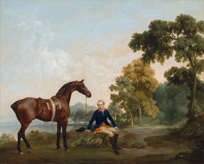 James Hamilton, 2e Graaf van Clanbrassil (1730-1798), met zijn voskleurige jachthond Mowbray, rustend op een bebost pad bij een meer door George Stubbs