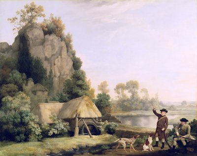 Twee heren op jacht, met een uitzicht op Creswell Crags, ter plaatse genomen door George Stubbs