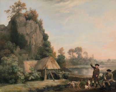 Twee heren op jacht, met een uitzicht op Creswell Crags, ter plaatse genomen door George Stubbs