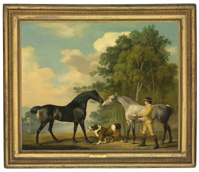 Twee jagers met een jonge stalknecht en een hond bij een meer, 1778 door George Stubbs
