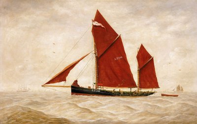 Een vissersschuit van de Lowestoft Company, met zijn kenmerkende rode zeilen door George Vempley Burwood