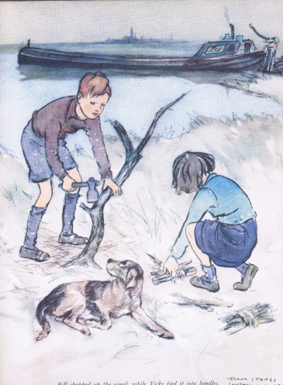 Bill hakte het hout, terwijl Vicky het in bundels bond, uit Mudlarks uitgegeven door Collins door George Vernon Stokes