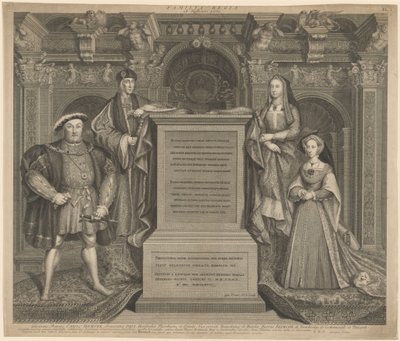 Hendrik VII en de familie van Hendrik VIII in Whitehall Palace door George Vertue after Hans Holbein the Younger