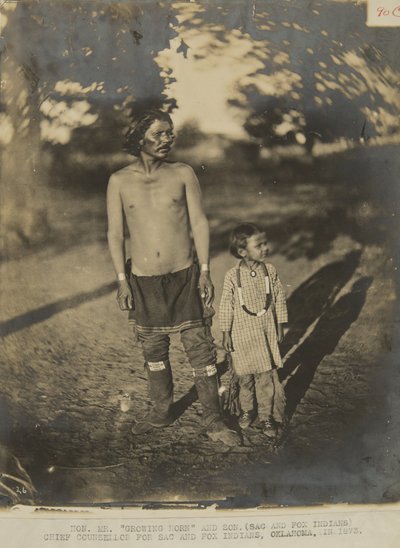 Hon. Mr. Growing Horn en zoon. (Sac en Fox Indiaan) Hoofdadviseur voor Sac en Fox Indiaan, Oklahoma, in 1873 (foto) door George W. Ingalls