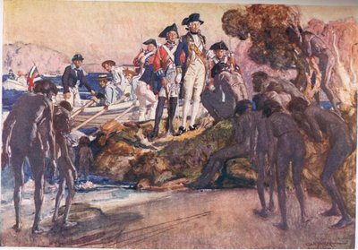 Gouverneur Phillip in Sydney Cove (kleur litho) door George Washington Lambert
