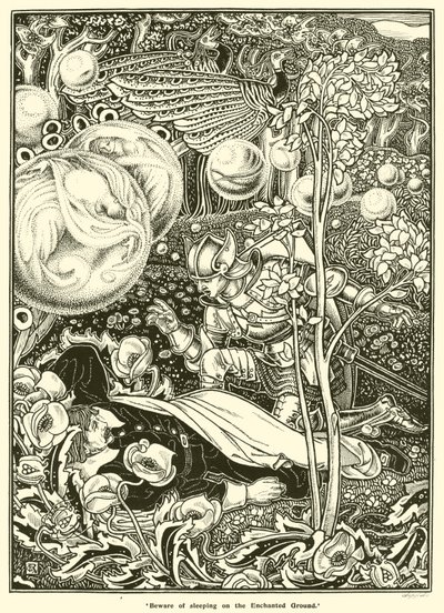 Pas op voor slapen op de Betoverde Grond (gravure) door George Woolliscroft Rhead