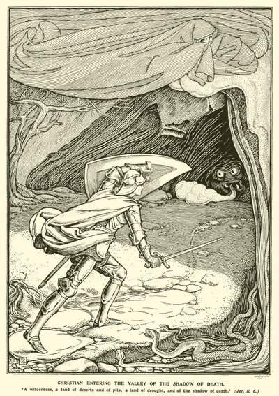 Christen betreedt het dal van de schaduw des doods (gravure) door George Woolliscroft Rhead